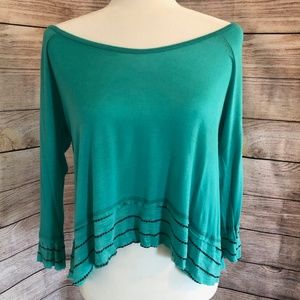 Scoop Neck 3/4 Sleeve Teal & Brown Top - XS